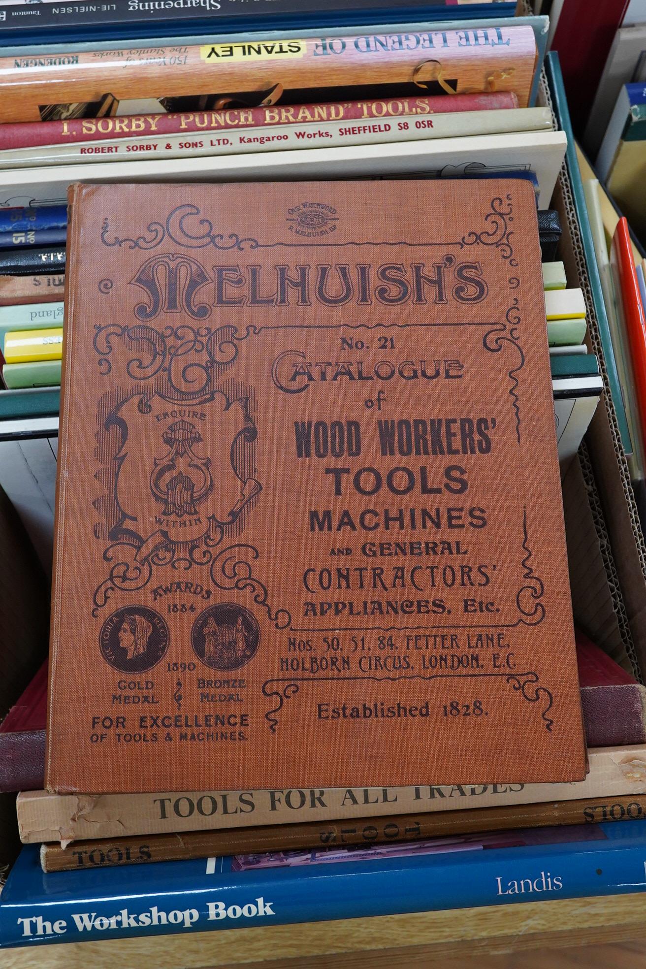 Two boxes of woodworking related books, titles include; The Workshop Book, Tools for all Trades, Alex Mathieson & Sons Ltd., Record Tools catalogues, Sorby ‘Punch Brand’ Tools catalogues, The Legend of Stanley, The Lie-N
